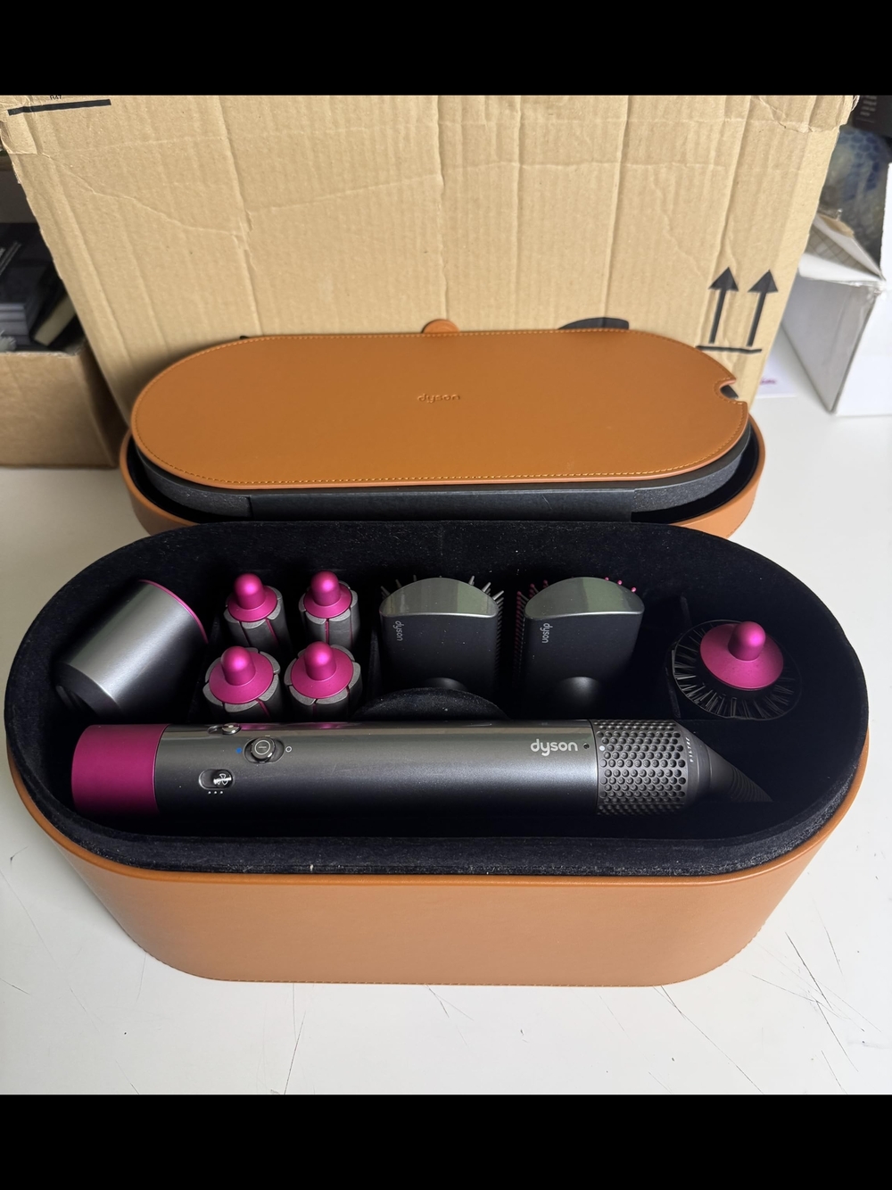 Dyson Airwrap Complete Set in Fuchsia & Nickle With Long Barrel Attachments